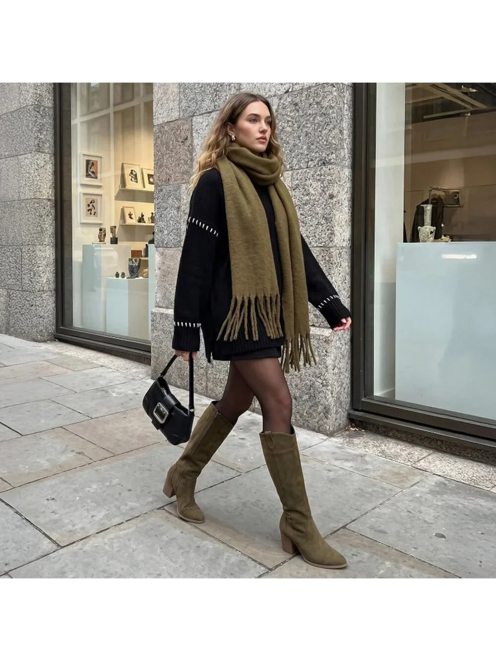 Women Olive Green Suede Chunky Heel Suede Pointed Toe Side Zipper Knee High Boot